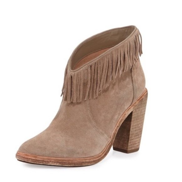 Joie Loren Fringe Tan Suede Heel Ankle Bootie Size - 38 - Picture 1 of 14